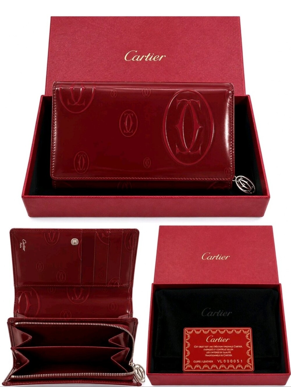 Cartier Red Patent Leather Long Wallet with Logo Embossing